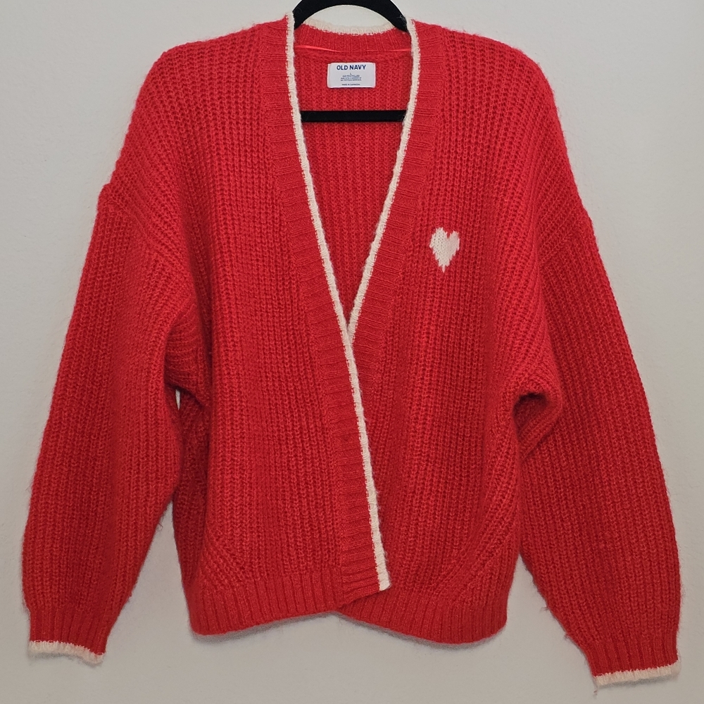 Old Navy Open Front Cardigan Sweater Size Large Knit Heart Oversized Valentine's